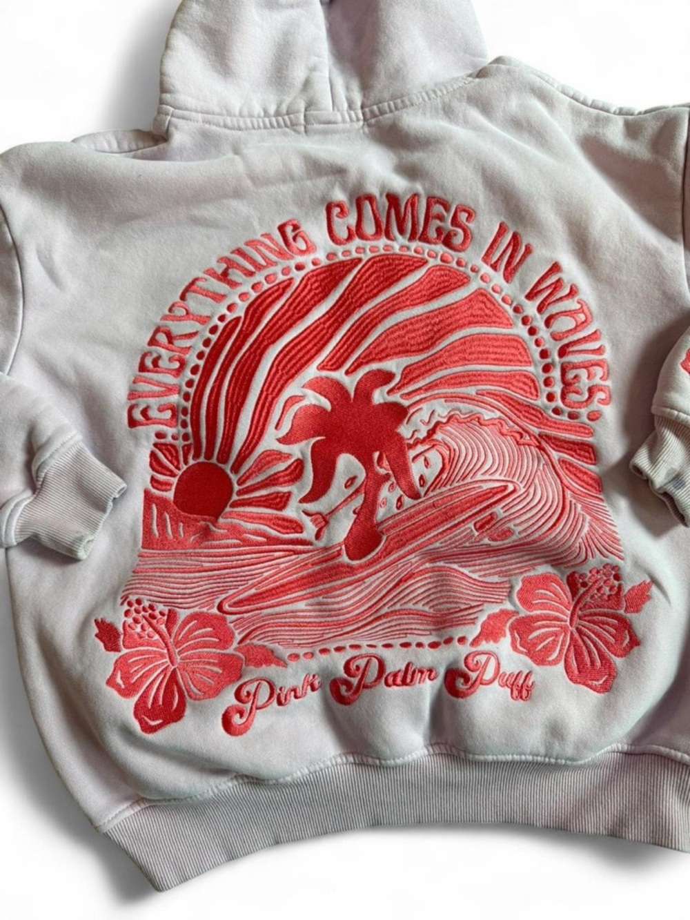 Pink Palm Puff Hoodie Pink Embroidered Surf Graphic XS